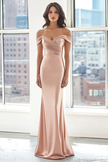 Elegant Blush Off the Shoulder Slire Stretch Sateng Lang Formell Kjole med Ruched